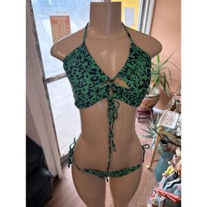 Green Leopard Print Halter Bikini Set Tie Front Keyhole Cutout Swimsuit Womens